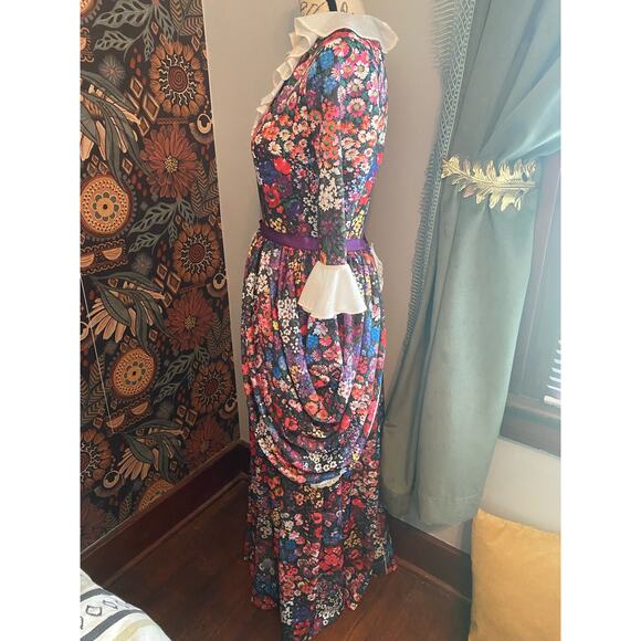 Vintage 70s Handmade Floral Long Ruffled 3/4 sleeve Dress w/ bustle - Picture 3 of 12